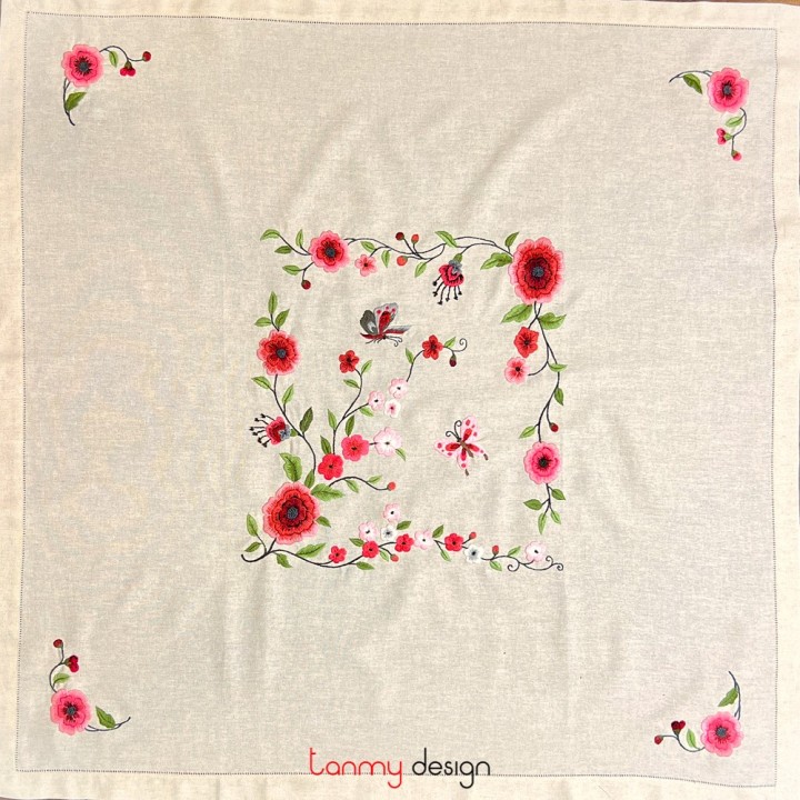 Square table cloth - Butterfly and flower embroidery(size 90 cm) (Beige cloth)